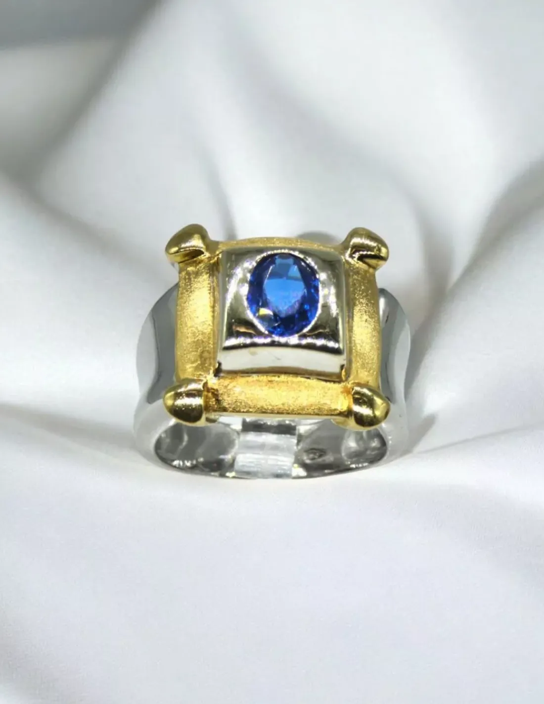 Outlet Anillo con piedra azul oval oro bicolor 18k - T.19 Anillos De Oro | Anillos
