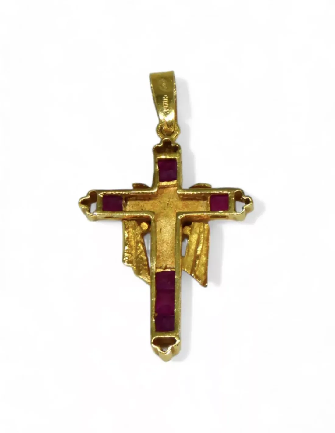 Discount Colgante cruz con manto y circonitas fucsia oro 18k Cruces Especiales