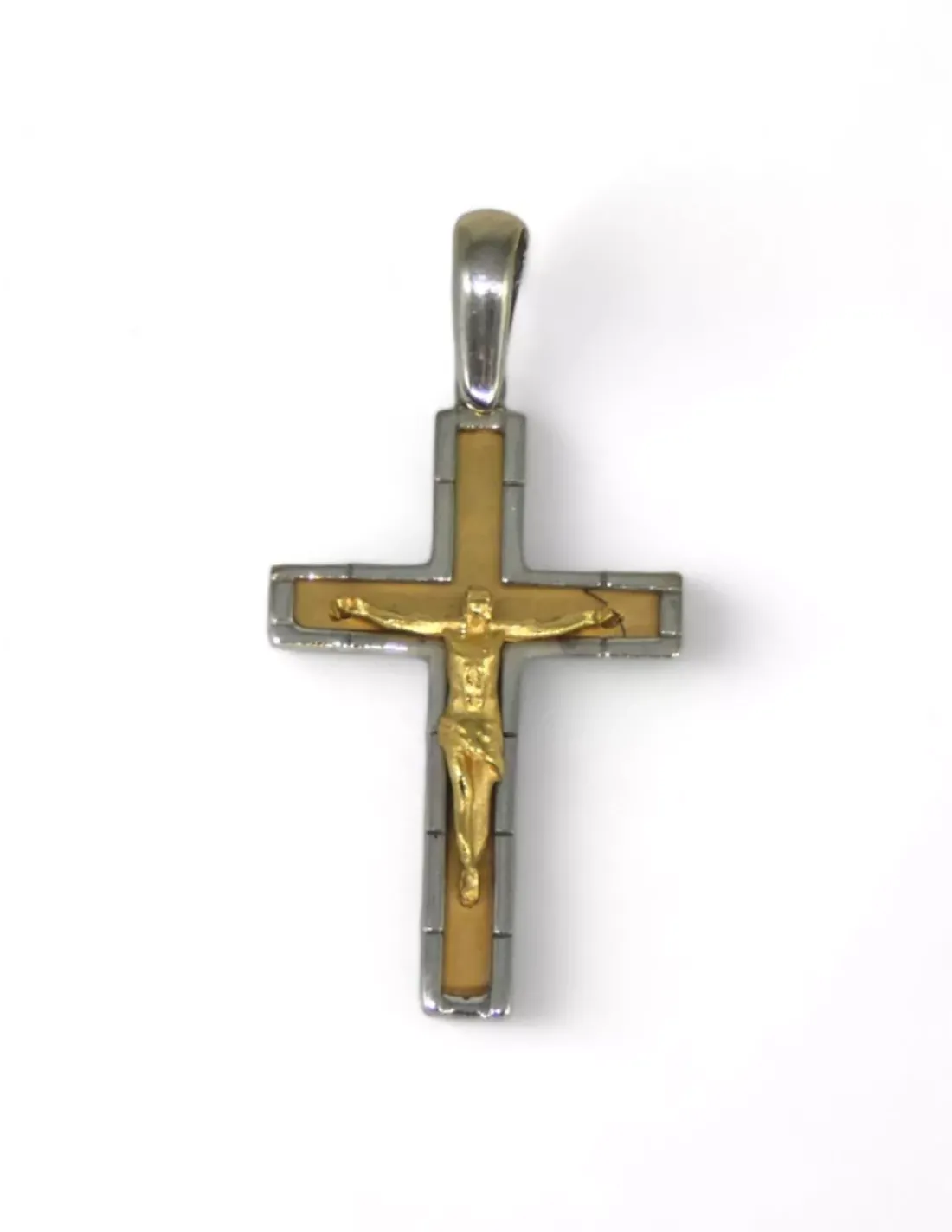 Discount Crucifijo cuadrado satinado y brillo oro bicolor 18k Crucifijo