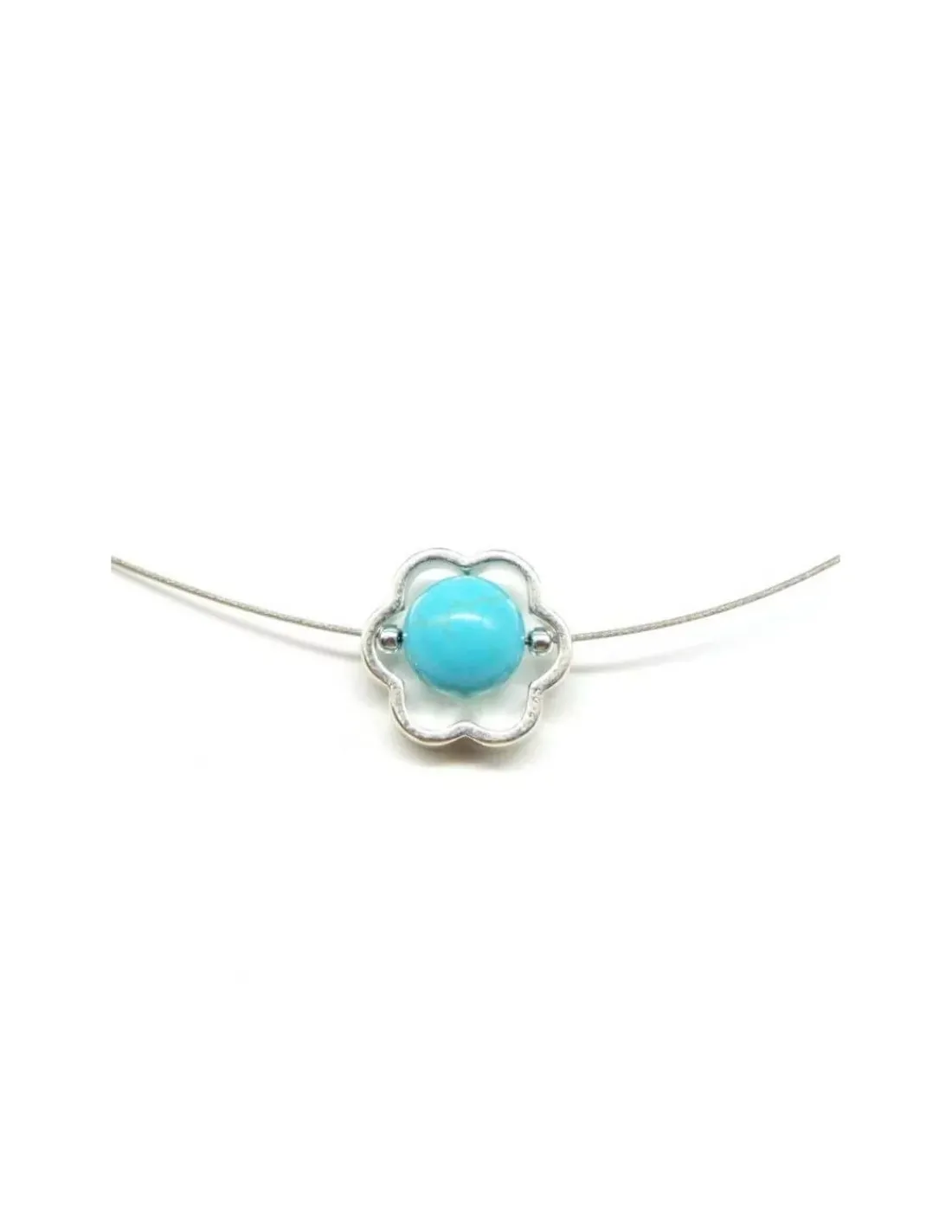 Flash Sale Gargantilla plata y acero con colgante flor y bola turquesa - 45cm Gargantillas De Plata