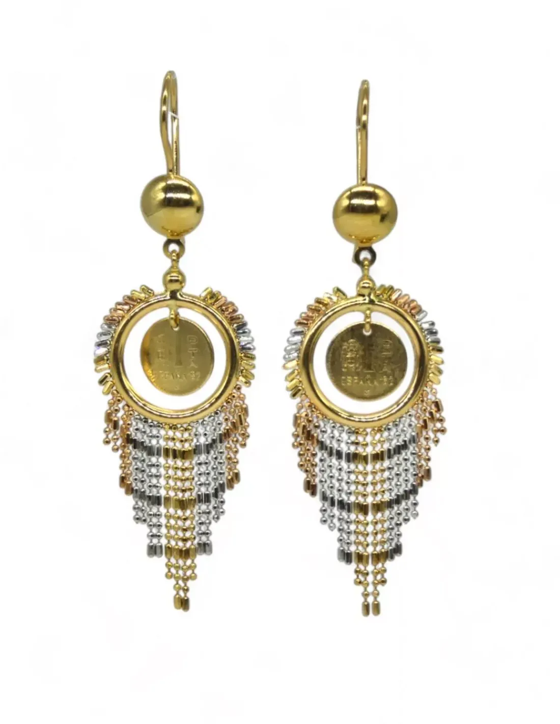 Clearance Pendientes colgantes monedas y bolitas oro bicolor 18k Pendientes De Oro