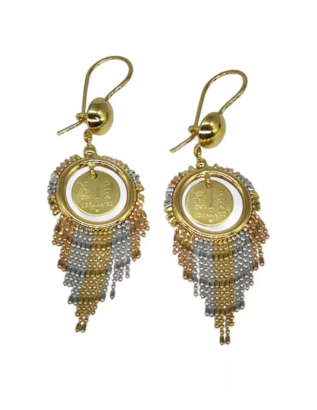 Clearance Pendientes colgantes monedas y bolitas oro bicolor 18k Pendientes De Oro