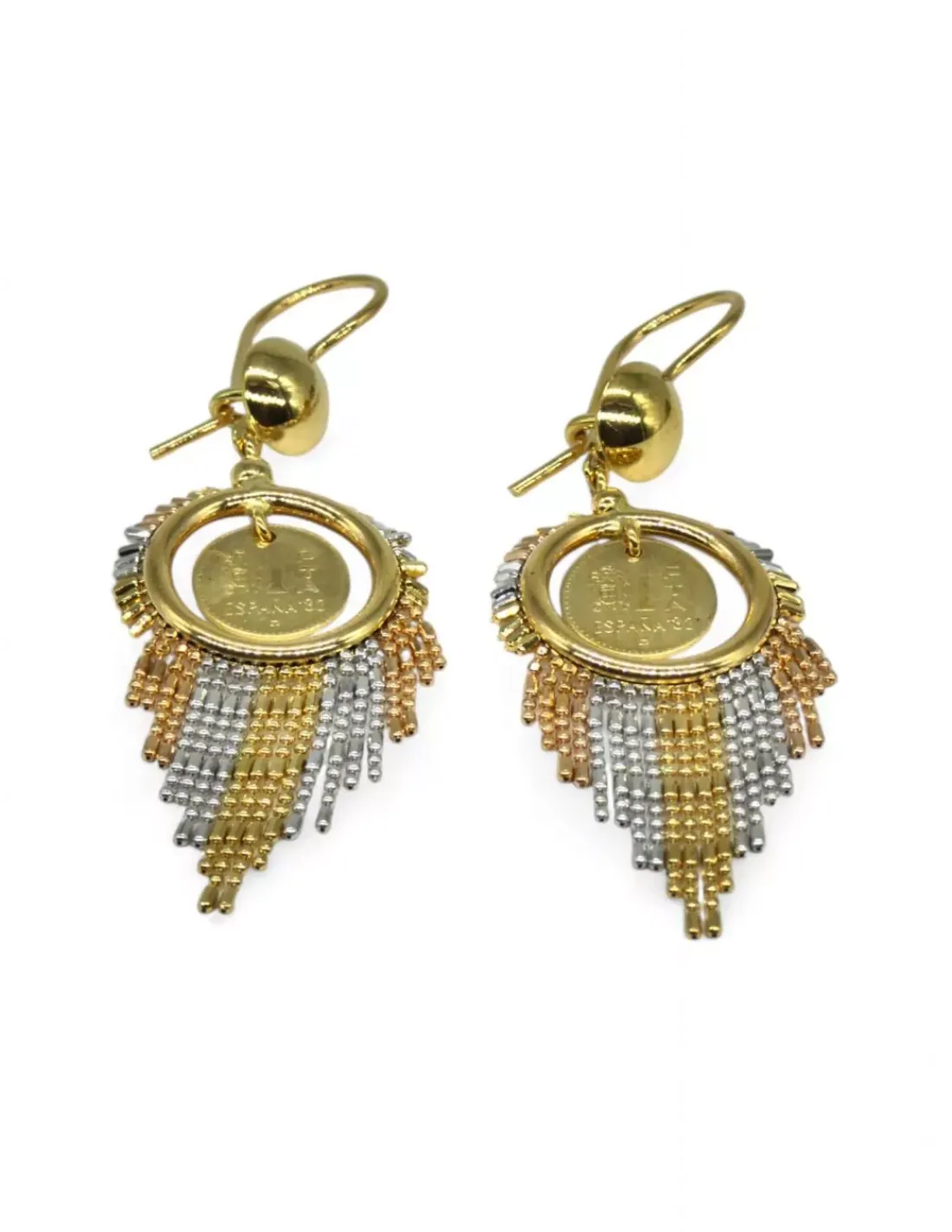 Clearance Pendientes colgantes monedas y bolitas oro bicolor 18k Pendientes De Oro