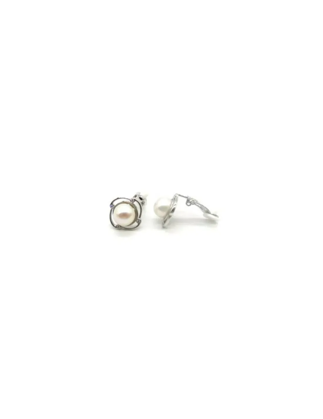 Store Pendientes con clip perla natural blanca con base flor plata y 4 circonitas Pendientes De Plata