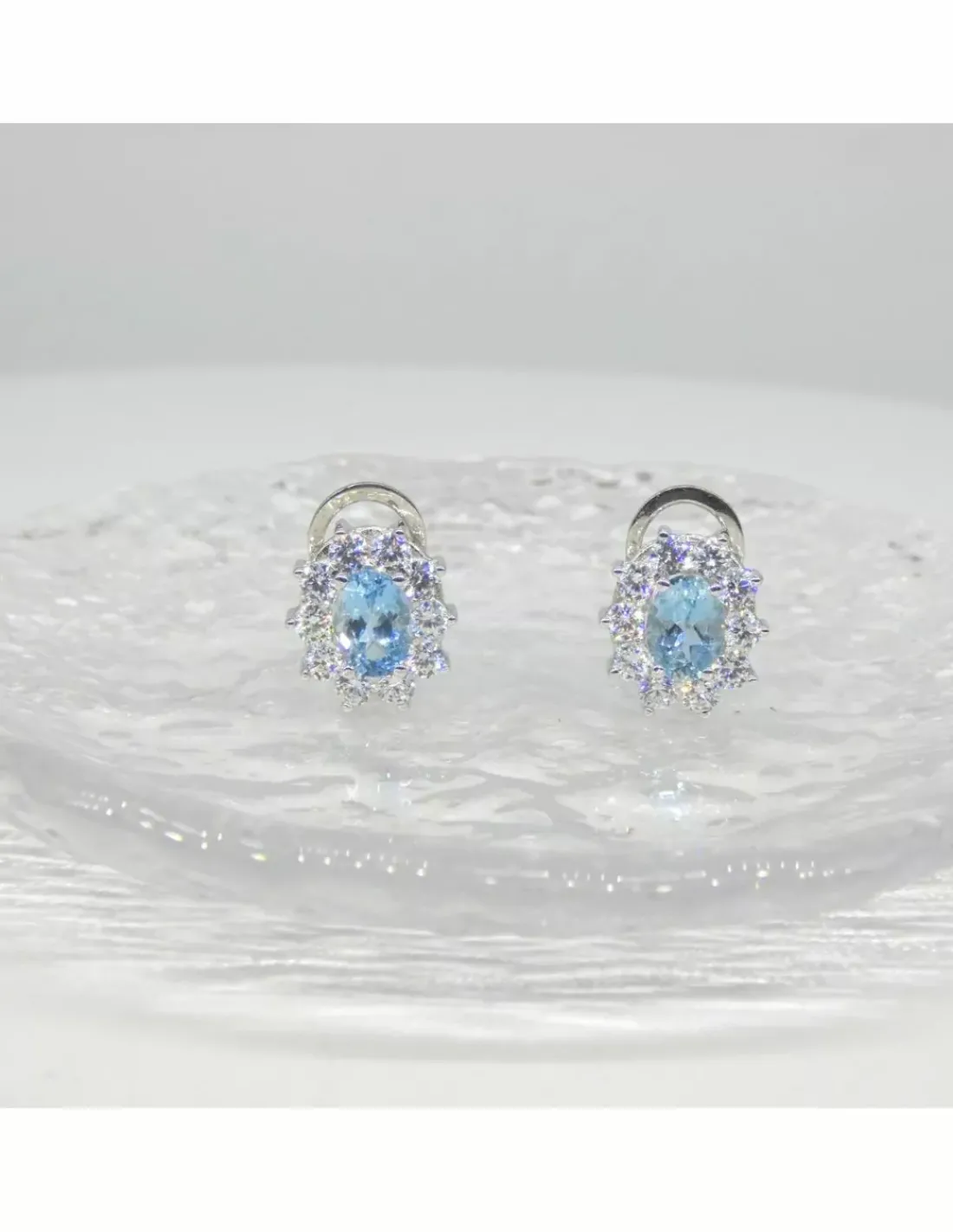 Outlet Pendientes flor circonitas y agua marina oro blanco 18k Pendientes De Oro